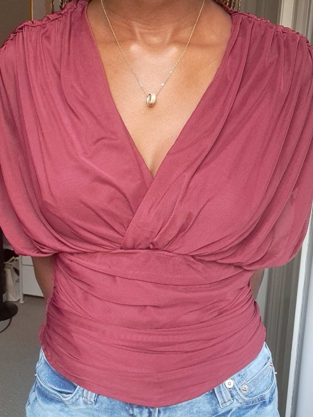 Women’s Ruched Wrap-Front Top in Dusty Rose